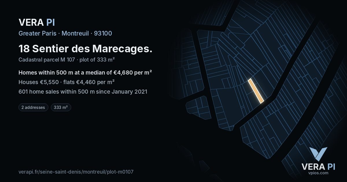 18 Sentier des Marecages, Montreuil at night – the plot lit, the parcels around coloured by the prices near them