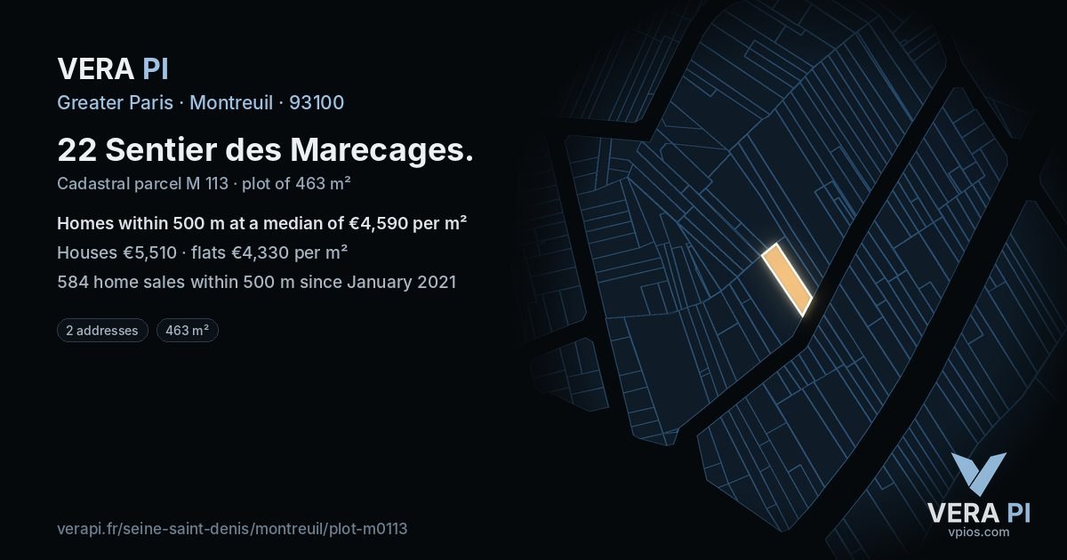 22 Sentier des Marecages, Montreuil at night – the plot lit, the parcels around coloured by the prices near them