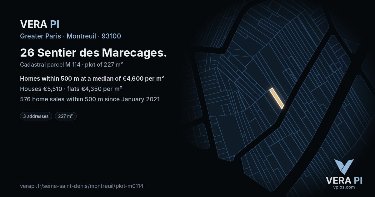 26 Sentier des Marecages, Montreuil at night – the plot lit, the parcels around coloured by the prices near them