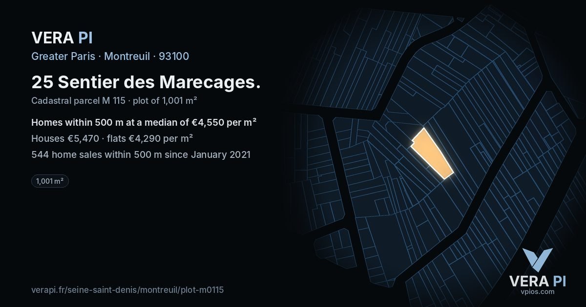 25 Sentier des Marecages, Montreuil at night – the plot lit, the parcels around coloured by the prices near them