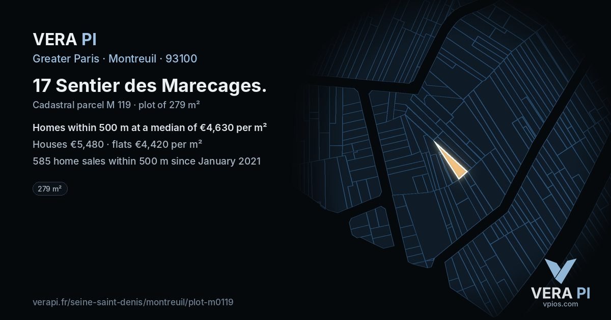17 Sentier des Marecages, Montreuil at night – the plot lit, the parcels around coloured by the prices near them