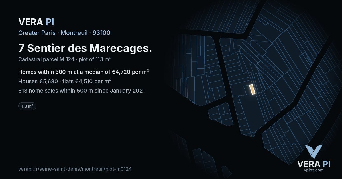 7 Sentier des Marecages, Montreuil at night – the plot lit, the parcels around coloured by the prices near them