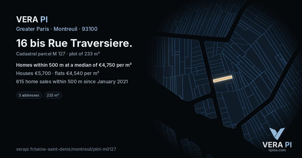 16 bis Rue Traversiere, Montreuil at night – the plot lit, the parcels around coloured by the prices near them