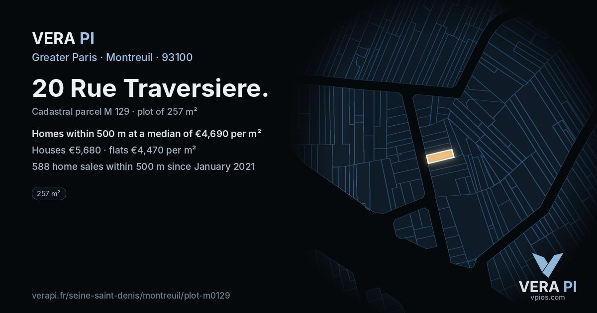 20 Rue Traversiere, Montreuil at night – the plot lit, the parcels around coloured by the prices near them