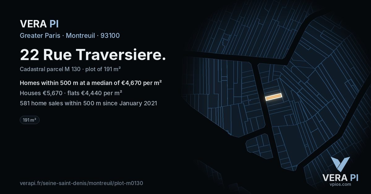 22 Rue Traversiere, Montreuil at night – the plot lit, the parcels around coloured by the prices near them