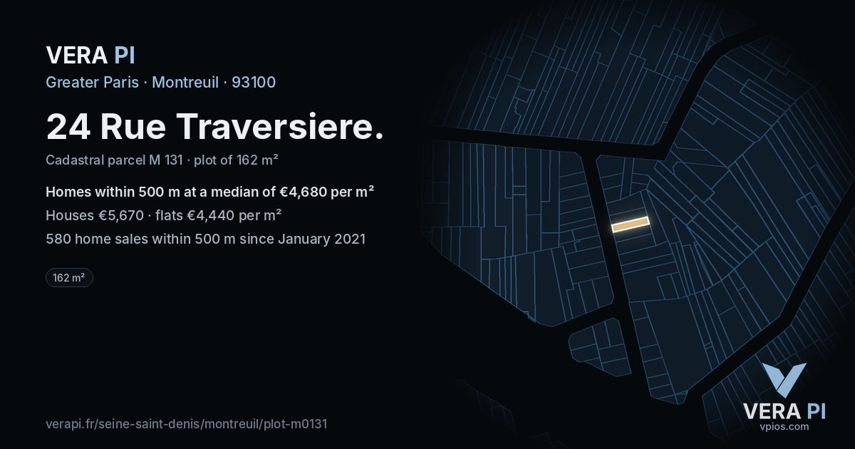 24 Rue Traversiere, Montreuil at night – the plot lit, the parcels around coloured by the prices near them