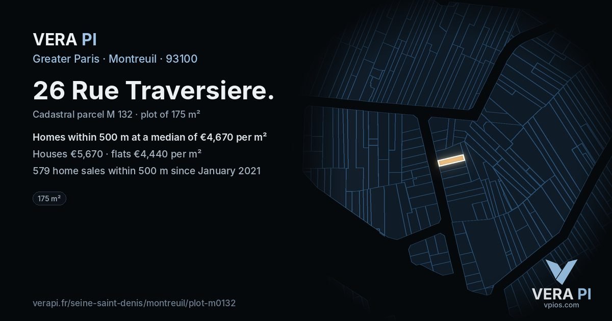 26 Rue Traversiere, Montreuil at night – the plot lit, the parcels around coloured by the prices near them