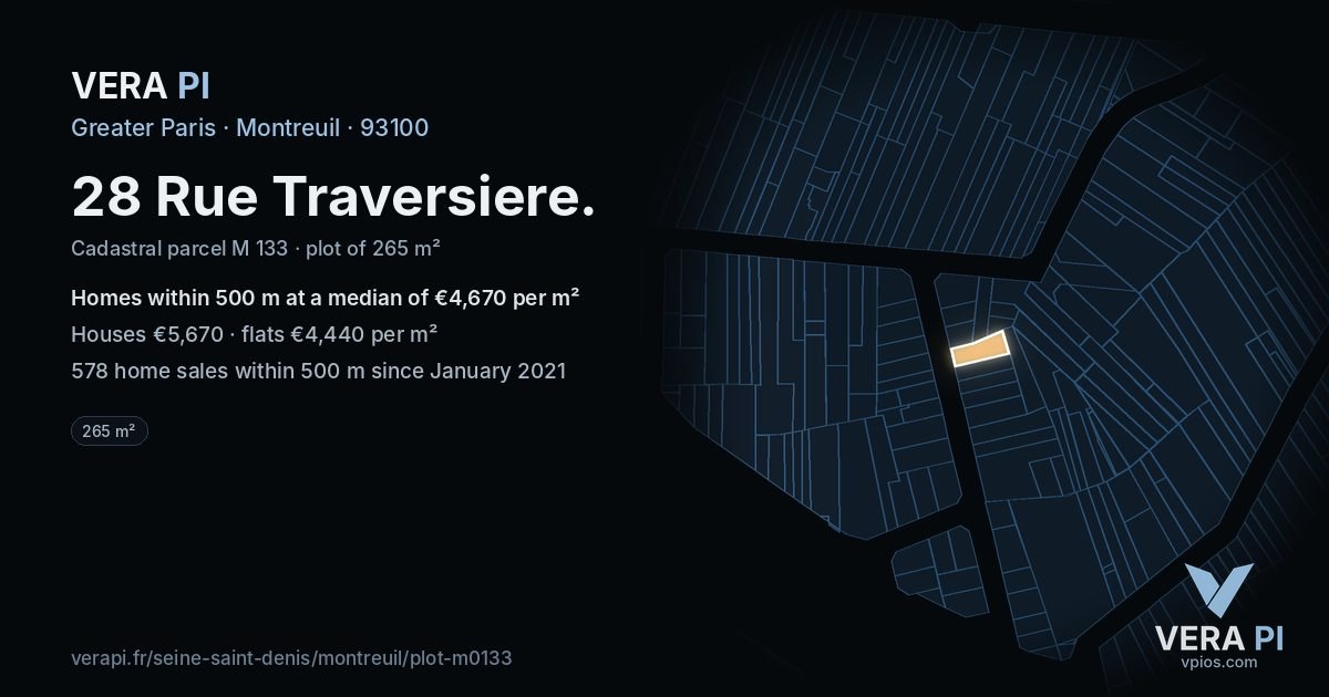 28 Rue Traversiere, Montreuil at night – the plot lit, the parcels around coloured by the prices near them