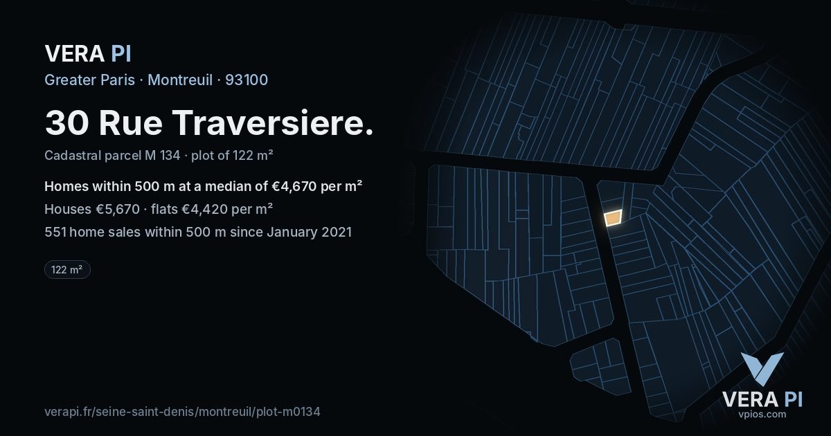 30 Rue Traversiere, Montreuil at night – the plot lit, the parcels around coloured by the prices near them