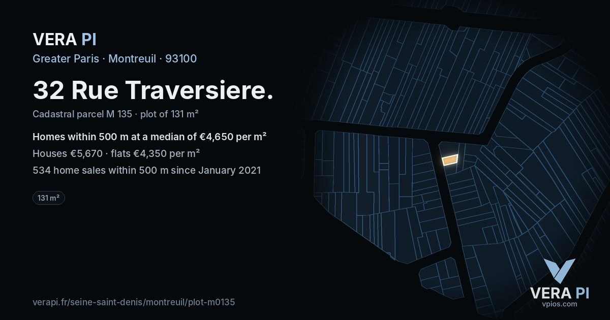 32 Rue Traversiere, Montreuil at night – the plot lit, the parcels around coloured by the prices near them