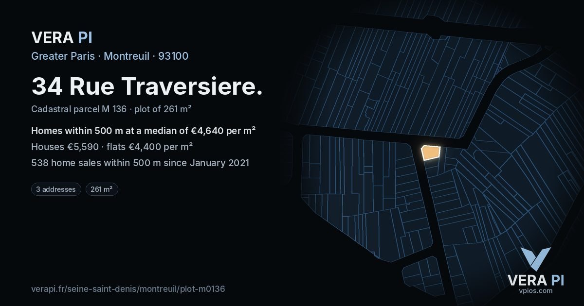 34 Rue Traversiere, Montreuil at night – the plot lit, the parcels around coloured by the prices near them