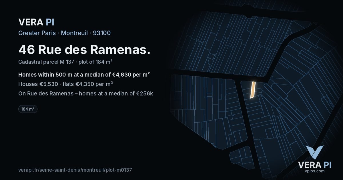 46 Rue des Ramenas, Montreuil at night – the plot lit, the parcels around coloured by the prices near them