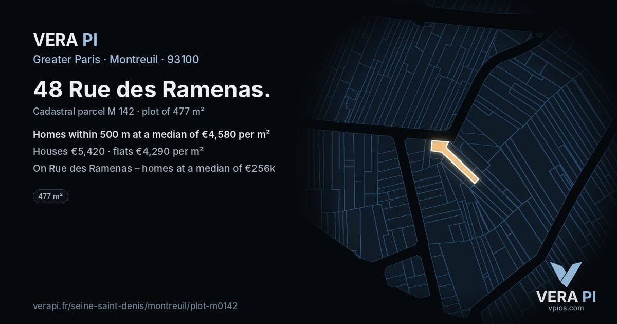 48 Rue des Ramenas, Montreuil at night – the plot lit, the parcels around coloured by the prices near them