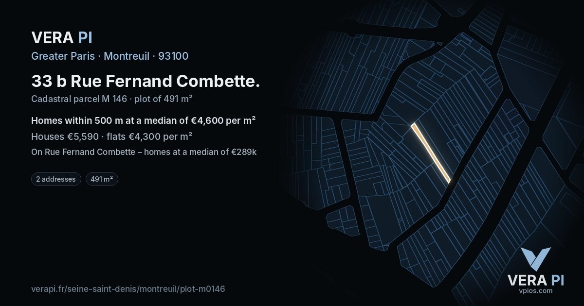 33 b Rue Fernand Combette, Montreuil at night – the plot lit, the parcels around coloured by the prices near them