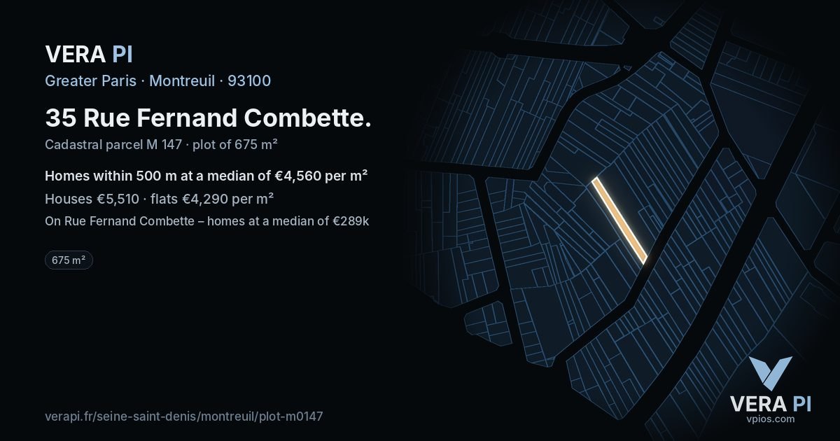35 Rue Fernand Combette, Montreuil at night – the plot lit, the parcels around coloured by the prices near them