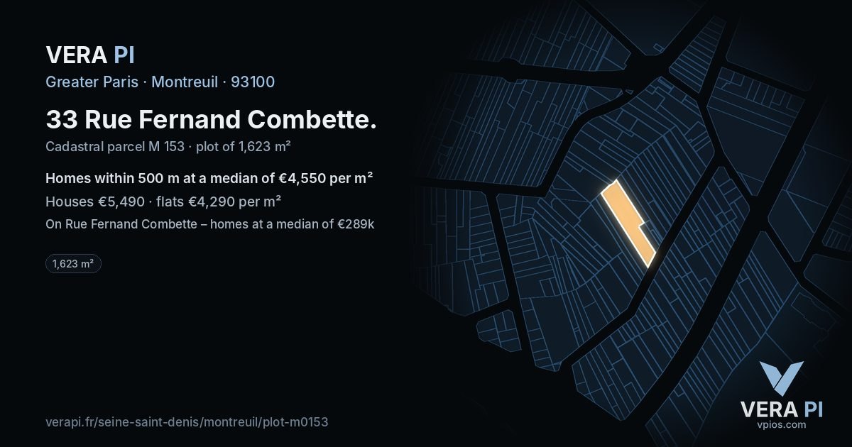 33 Rue Fernand Combette, Montreuil at night – the plot lit, the parcels around coloured by the prices near them