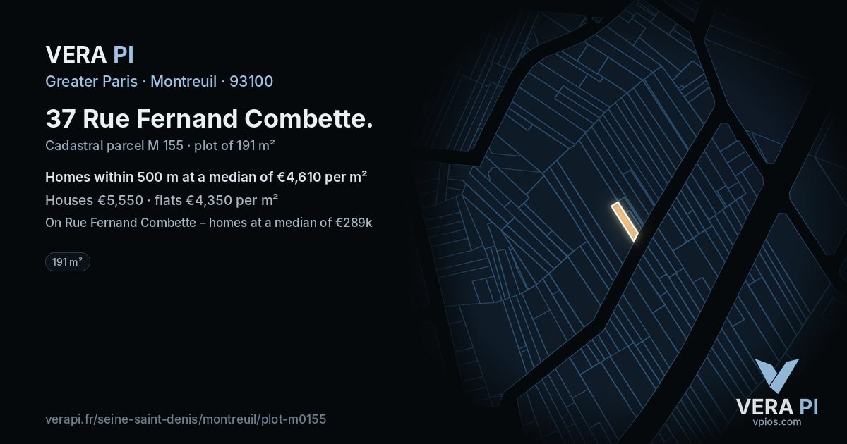 37 Rue Fernand Combette, Montreuil at night – the plot lit, the parcels around coloured by the prices near them