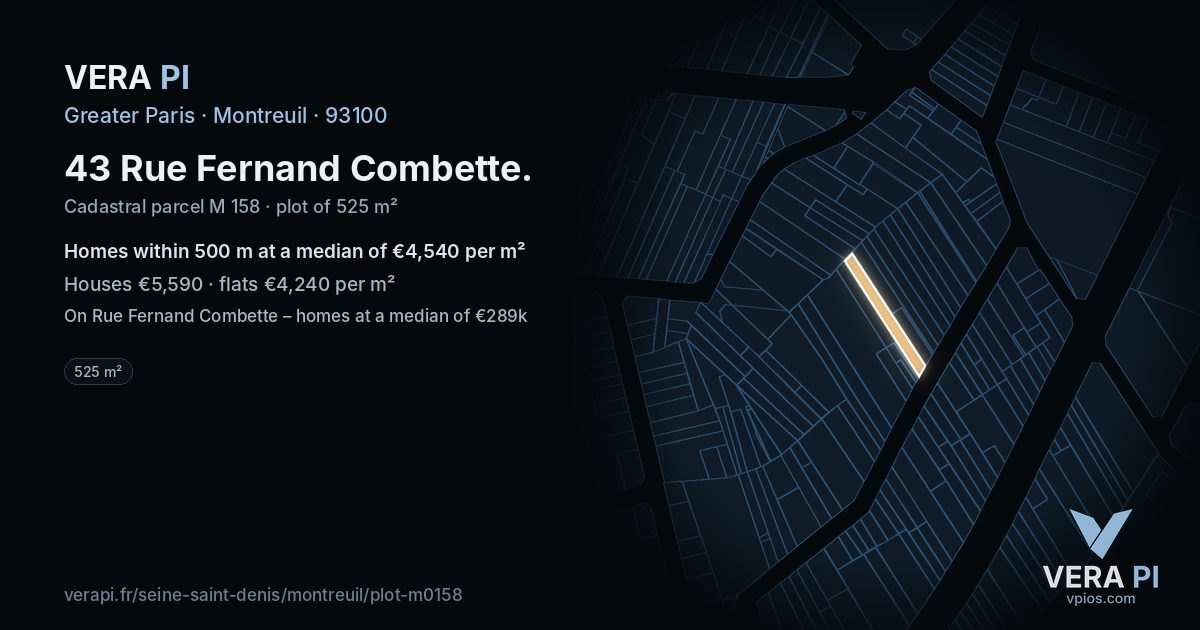 43 Rue Fernand Combette, Montreuil at night – the plot lit, the parcels around coloured by the prices near them