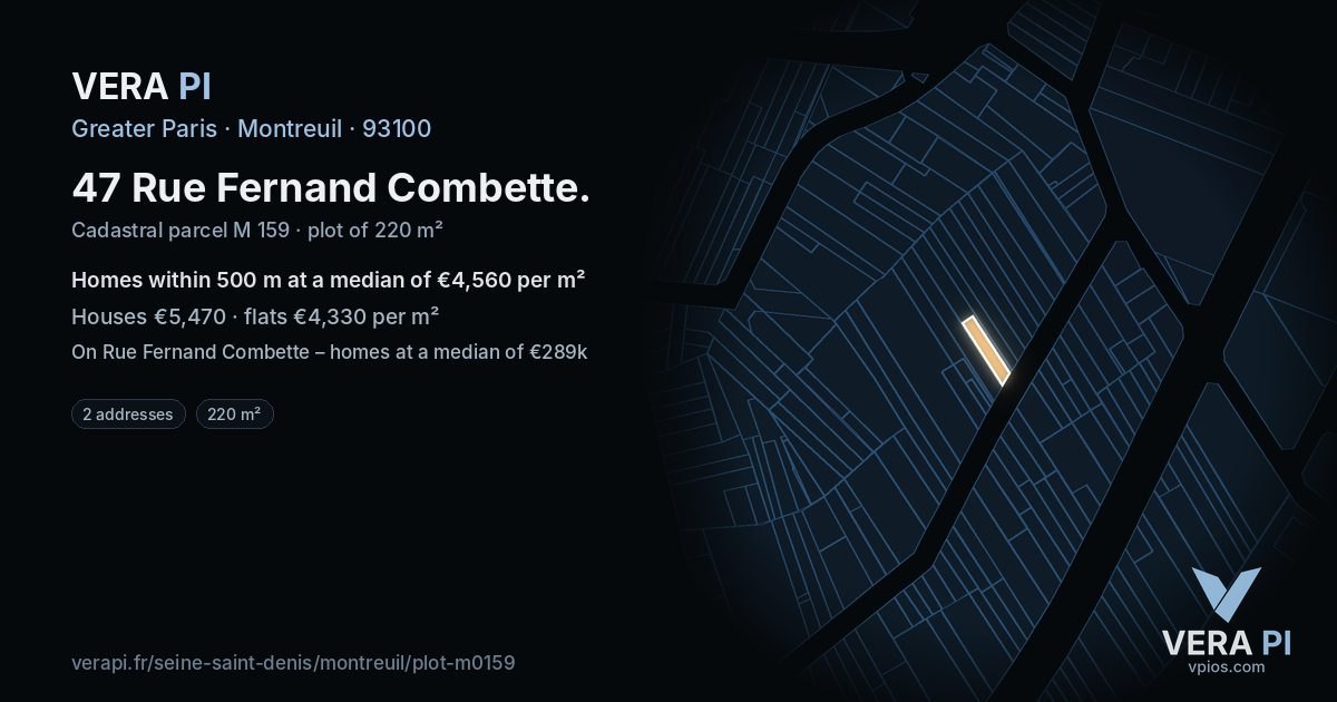 47 Rue Fernand Combette, Montreuil at night – the plot lit, the parcels around coloured by the prices near them