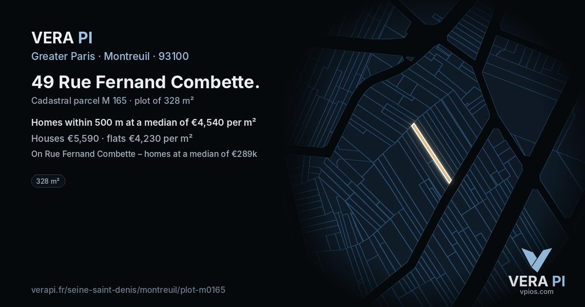 49 Rue Fernand Combette, Montreuil at night – the plot lit, the parcels around coloured by the prices near them