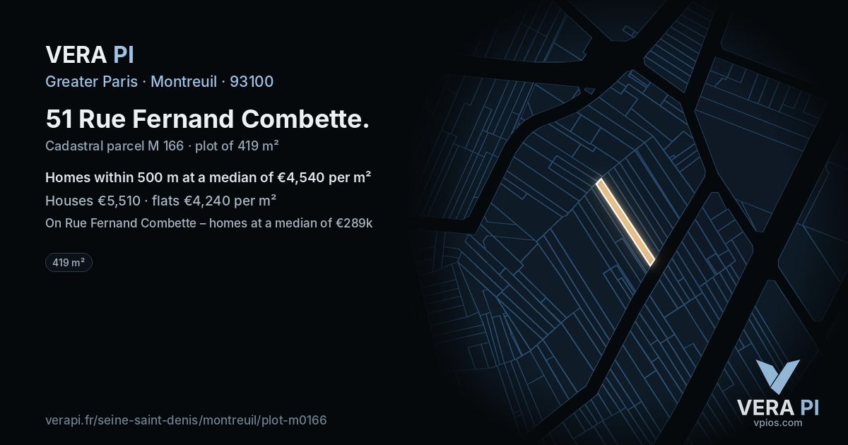 51 Rue Fernand Combette, Montreuil at night – the plot lit, the parcels around coloured by the prices near them