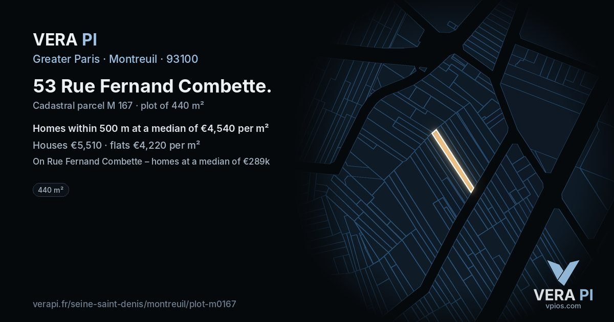 53 Rue Fernand Combette, Montreuil at night – the plot lit, the parcels around coloured by the prices near them