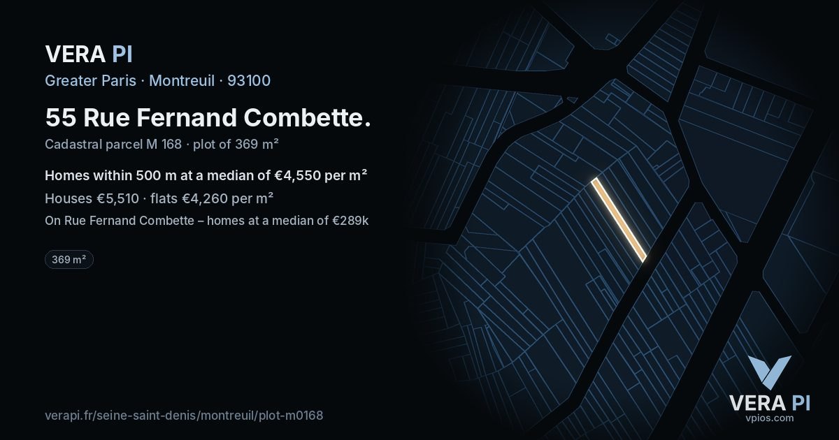 55 Rue Fernand Combette, Montreuil at night – the plot lit, the parcels around coloured by the prices near them