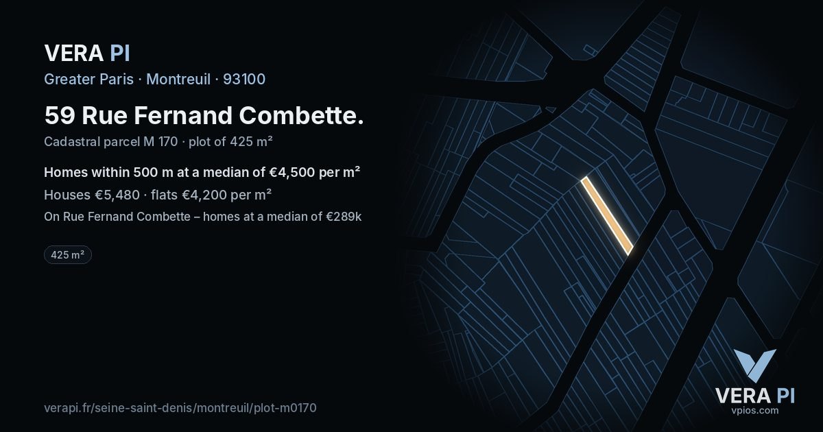59 Rue Fernand Combette, Montreuil at night – the plot lit, the parcels around coloured by the prices near them