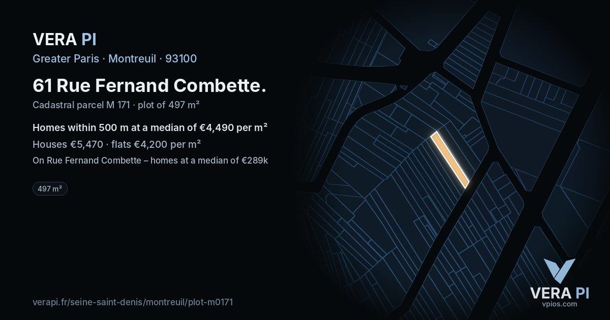 61 Rue Fernand Combette, Montreuil at night – the plot lit, the parcels around coloured by the prices near them