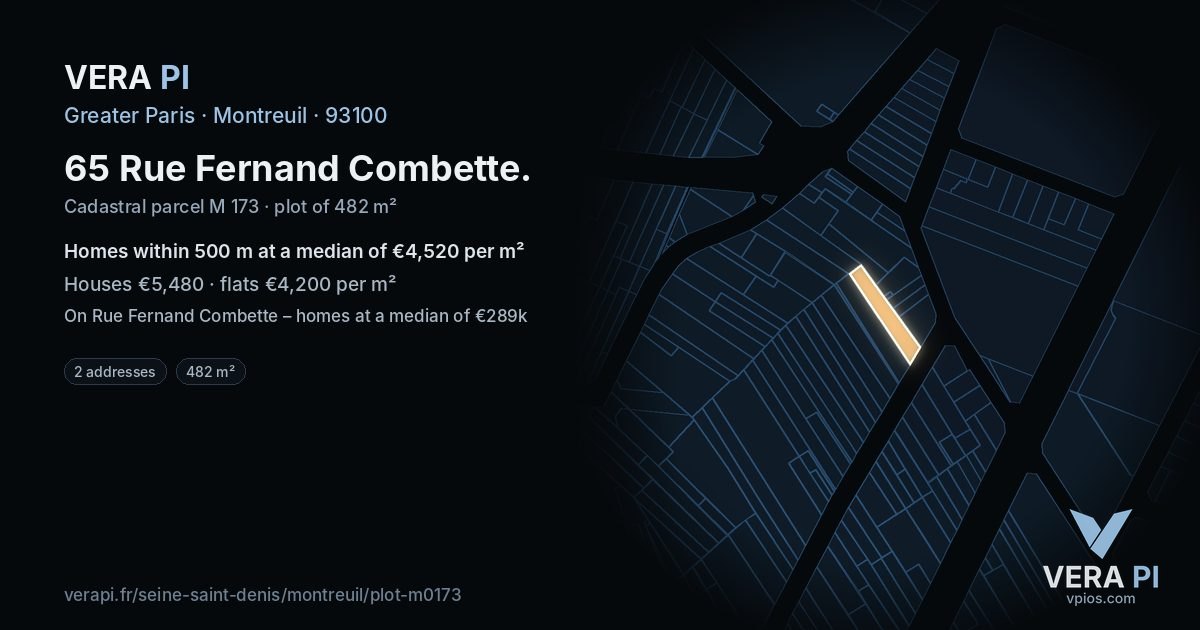65 Rue Fernand Combette, Montreuil at night – the plot lit, the parcels around coloured by the prices near them