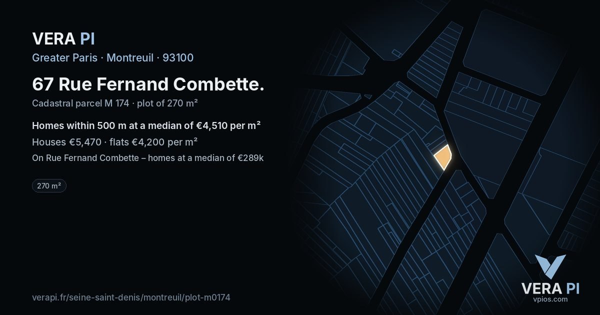 67 Rue Fernand Combette, Montreuil at night – the plot lit, the parcels around coloured by the prices near them