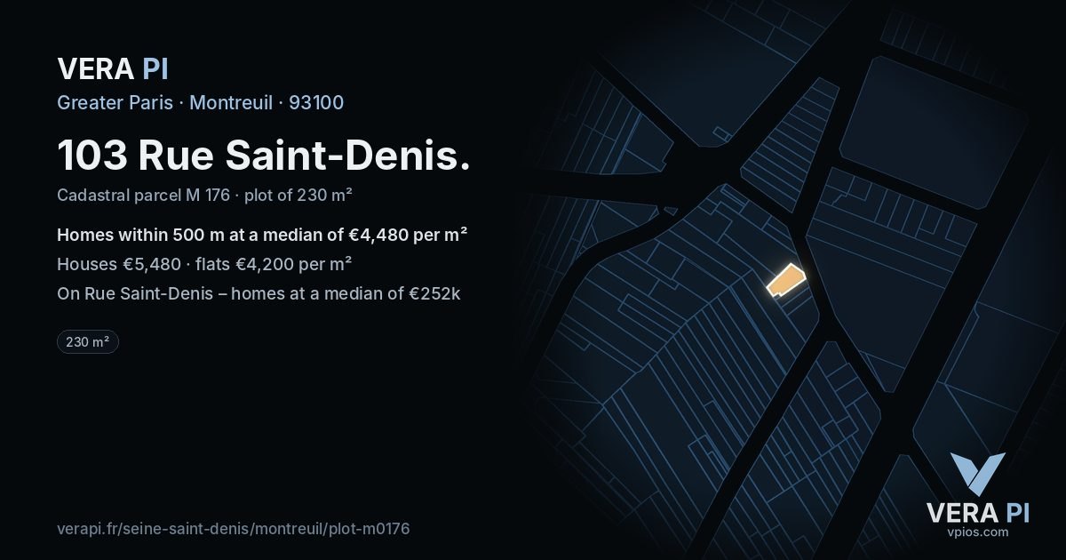 103 Rue Saint-Denis, Montreuil at night – the plot lit, the parcels around coloured by the prices near them