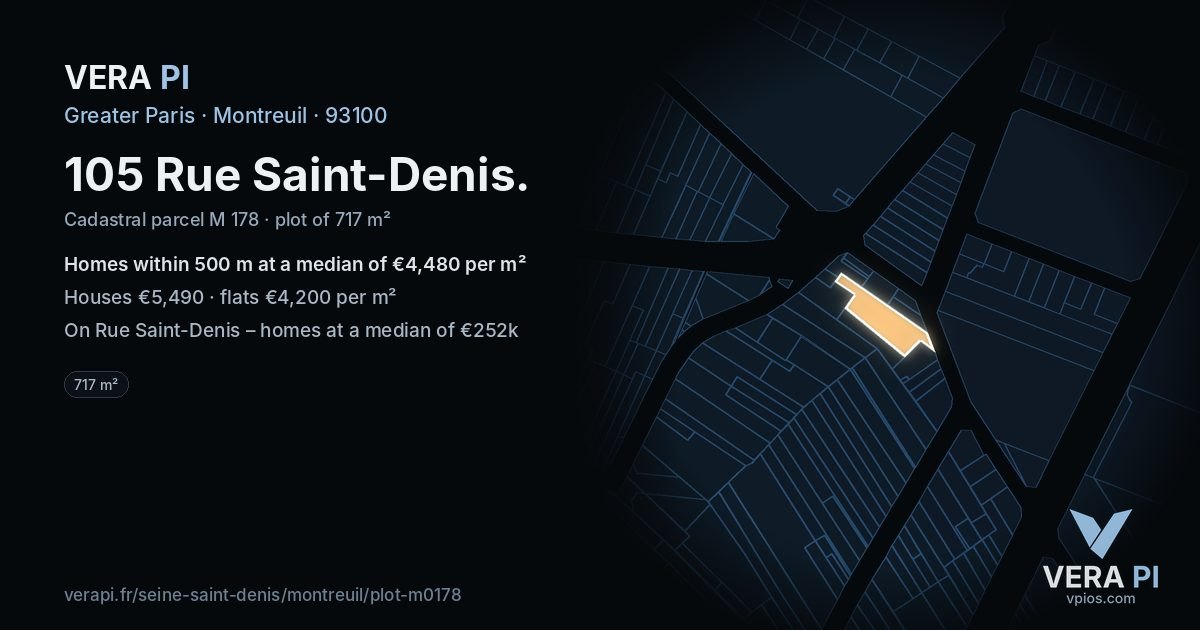 105 Rue Saint-Denis, Montreuil at night – the plot lit, the parcels around coloured by the prices near them