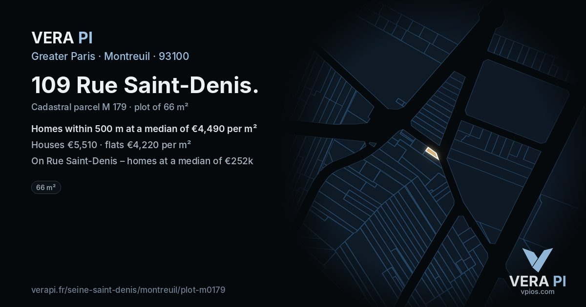 109 Rue Saint-Denis, Montreuil at night – the plot lit, the parcels around coloured by the prices near them