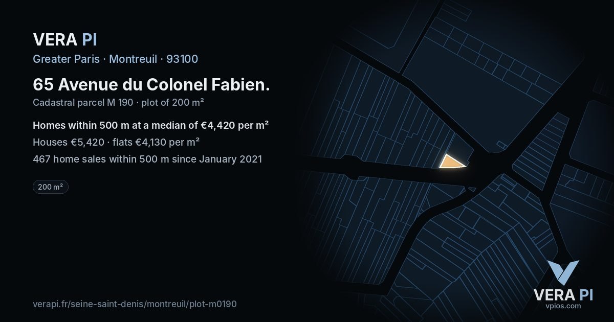 65 Avenue du Colonel Fabien, Montreuil at night – the plot lit, the parcels around coloured by the prices near them