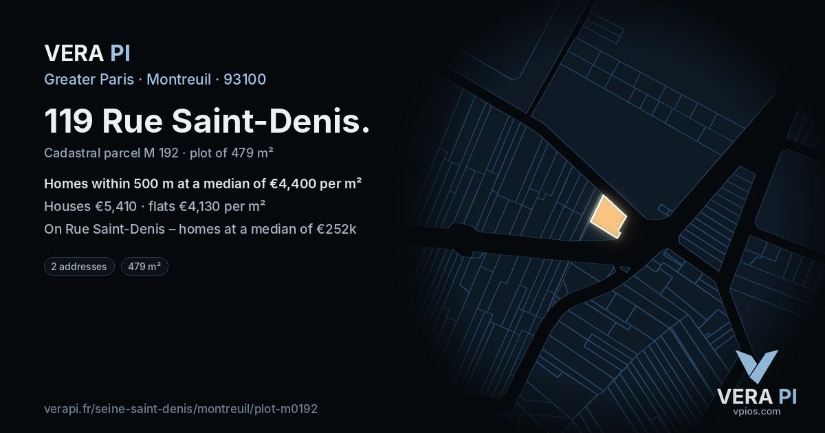 119 Rue Saint-Denis, Montreuil at night – the plot lit, the parcels around coloured by the prices near them