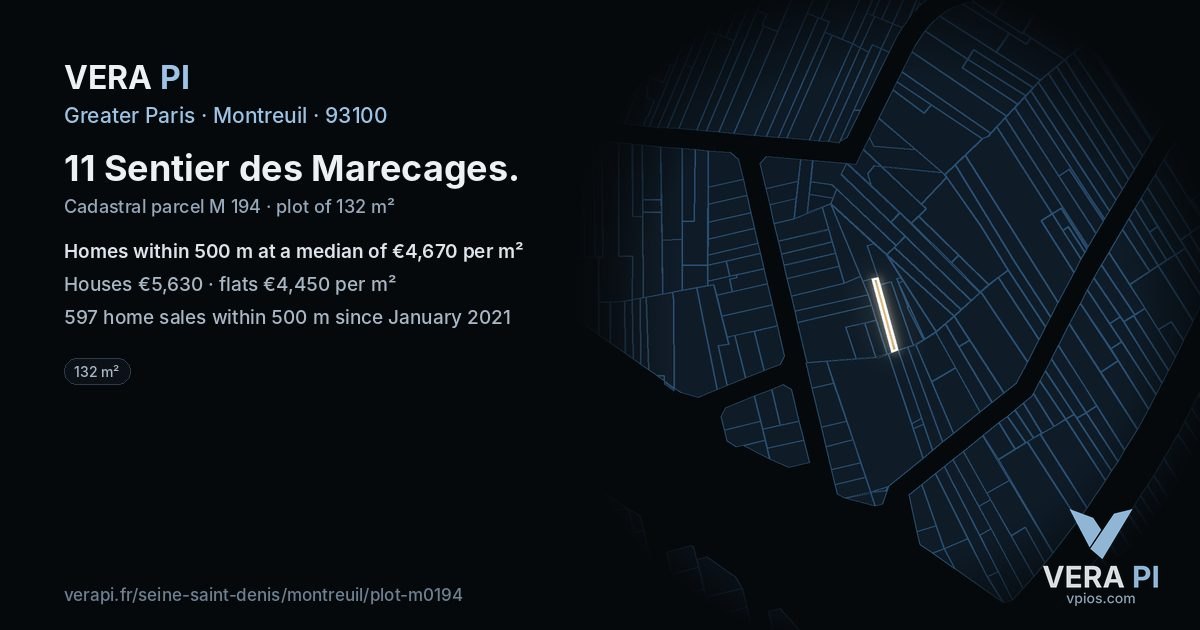 11 Sentier des Marecages, Montreuil at night – the plot lit, the parcels around coloured by the prices near them