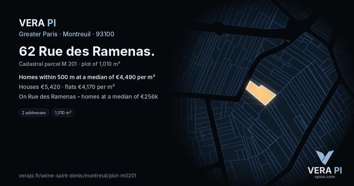 62 Rue des Ramenas, Montreuil at night – the plot lit, the parcels around coloured by the prices near them