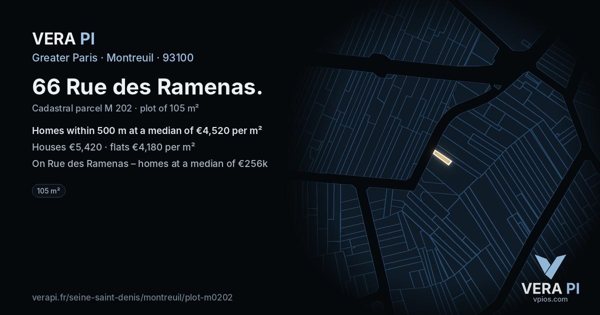 66 Rue des Ramenas, Montreuil at night – the plot lit, the parcels around coloured by the prices near them