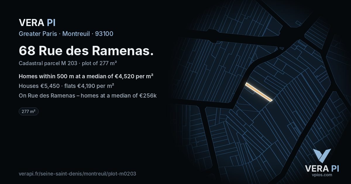 68 Rue des Ramenas, Montreuil at night – the plot lit, the parcels around coloured by the prices near them