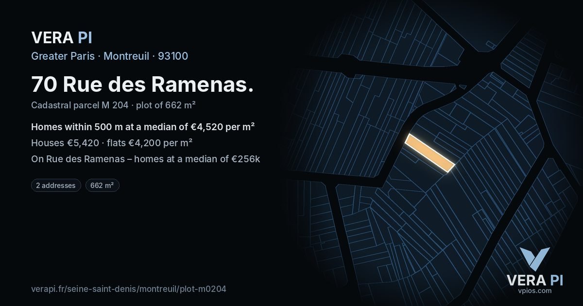 70 Rue des Ramenas, Montreuil at night – the plot lit, the parcels around coloured by the prices near them