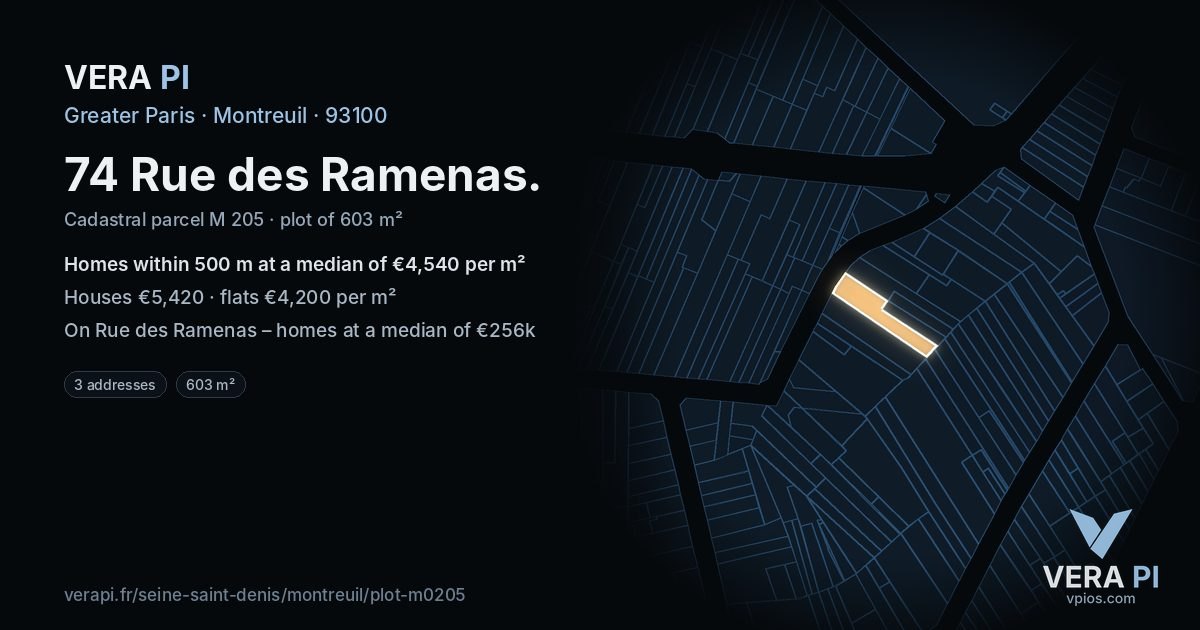 74 Rue des Ramenas, Montreuil at night – the plot lit, the parcels around coloured by the prices near them