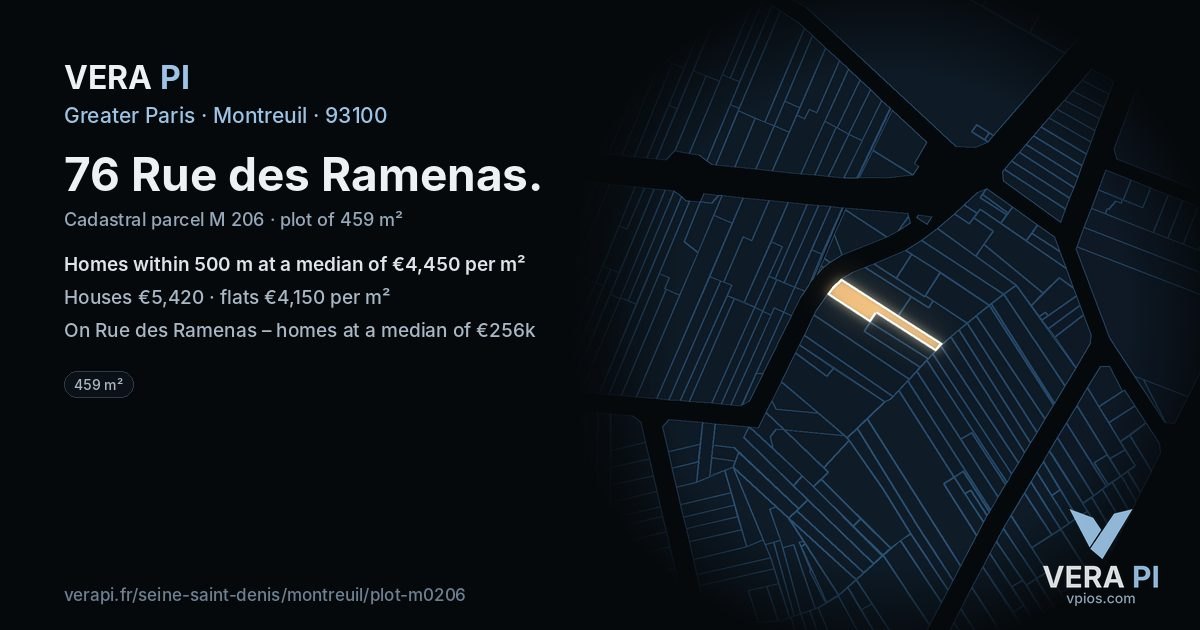76 Rue des Ramenas, Montreuil at night – the plot lit, the parcels around coloured by the prices near them