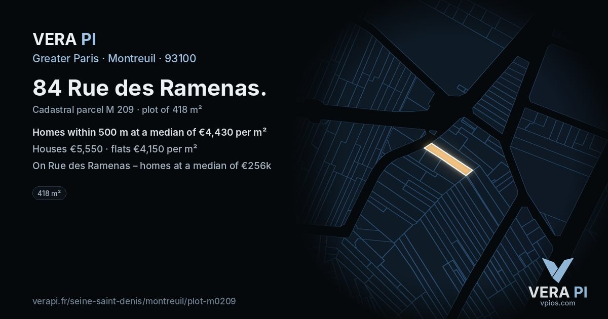 84 Rue des Ramenas, Montreuil at night – the plot lit, the parcels around coloured by the prices near them