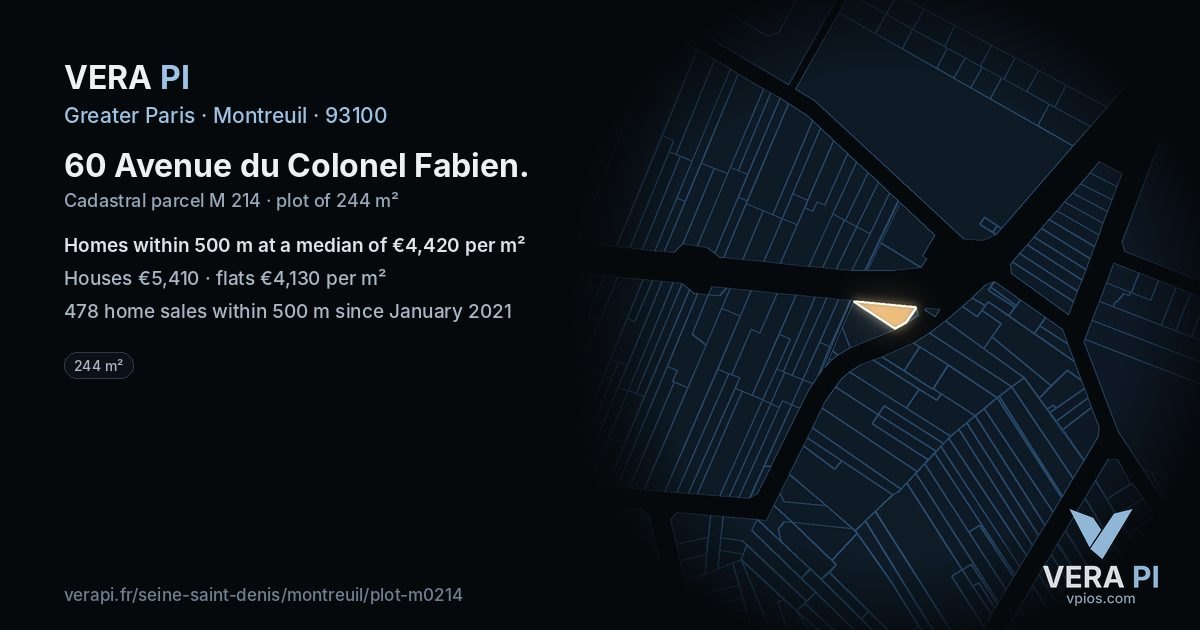 60 Avenue du Colonel Fabien, Montreuil at night – the plot lit, the parcels around coloured by the prices near them