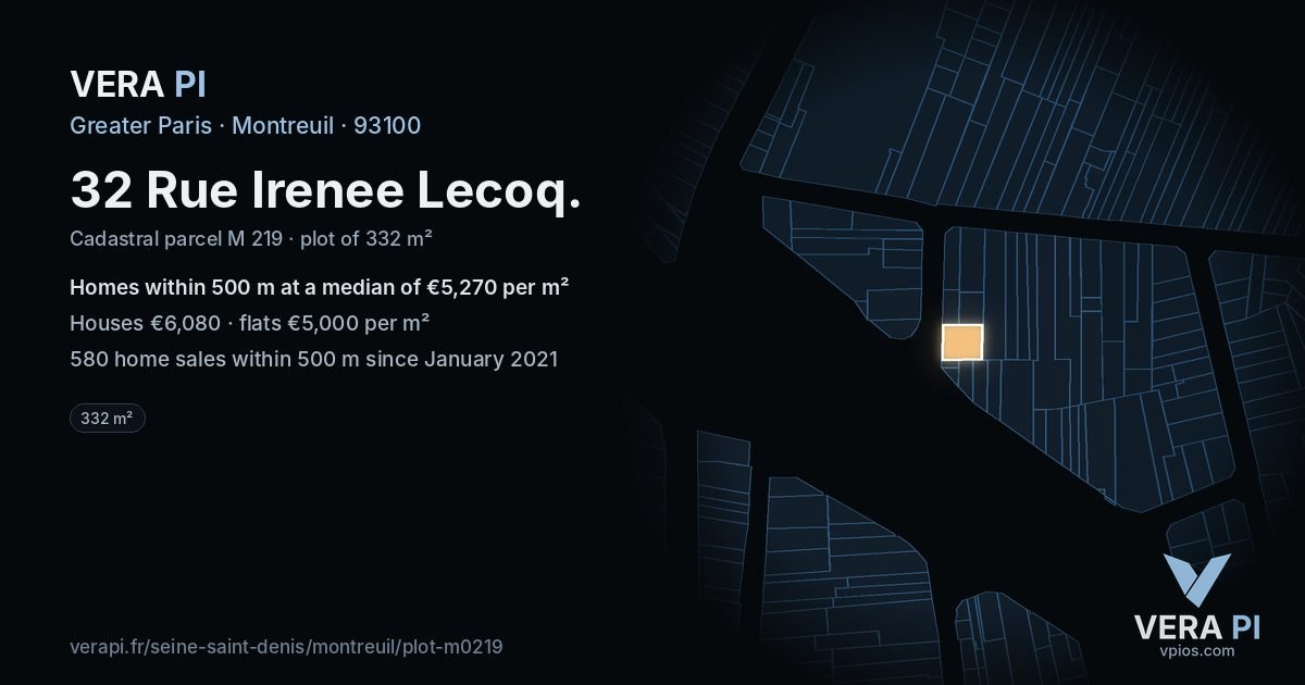 32 Rue Irenee Lecoq, Montreuil at night – the plot lit, the parcels around coloured by the prices near them