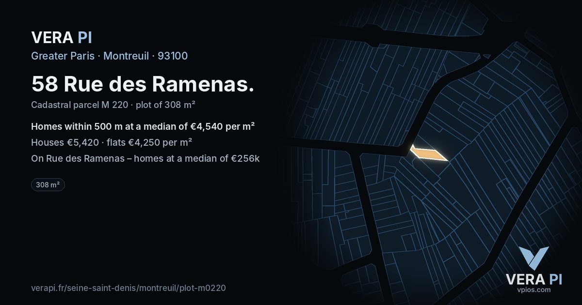 58 Rue des Ramenas, Montreuil at night – the plot lit, the parcels around coloured by the prices near them