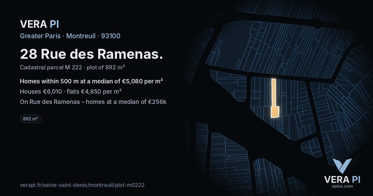 28 Rue des Ramenas, Montreuil at night – the plot lit, the parcels around coloured by the prices near them