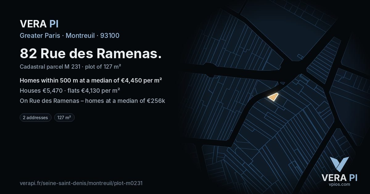 82 Rue des Ramenas, Montreuil at night – the plot lit, the parcels around coloured by the prices near them