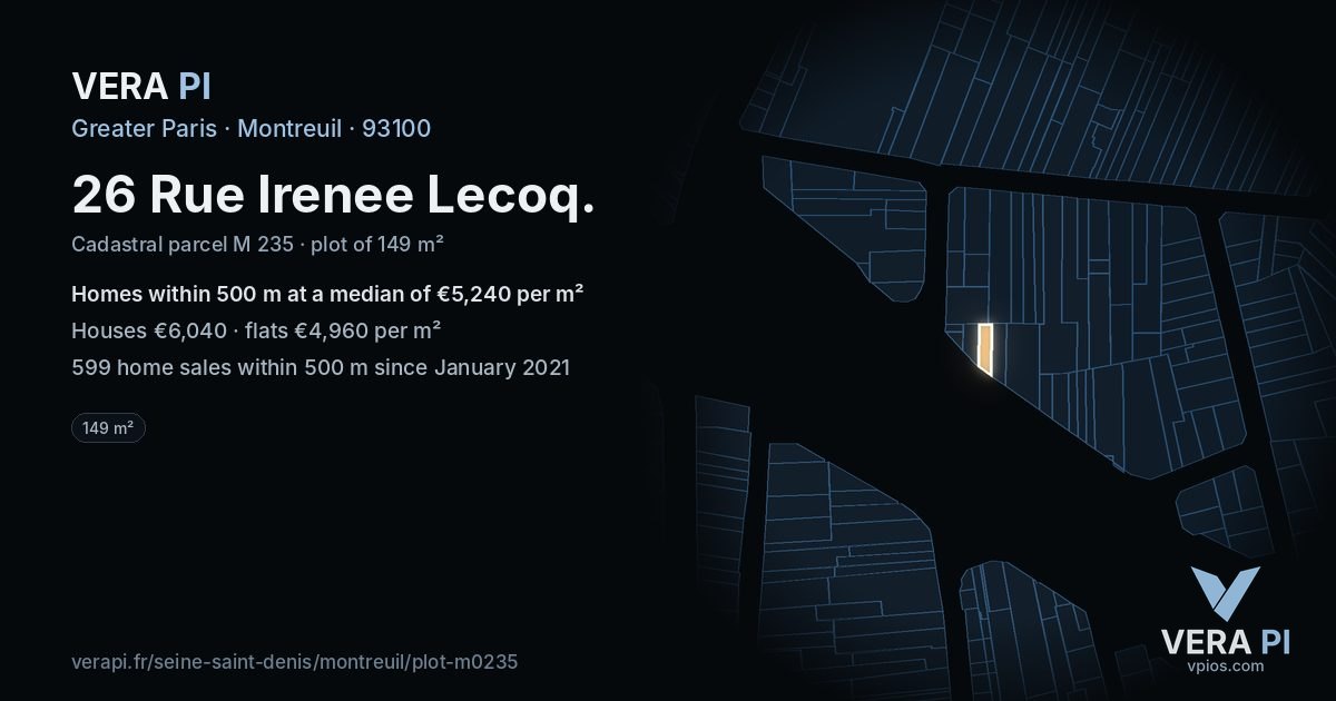 26 Rue Irenee Lecoq, Montreuil at night – the plot lit, the parcels around coloured by the prices near them